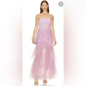 BCBGMaxAzria Lavender Orchid Tiered Tulle Maxi Gown with Spaghetti Straps